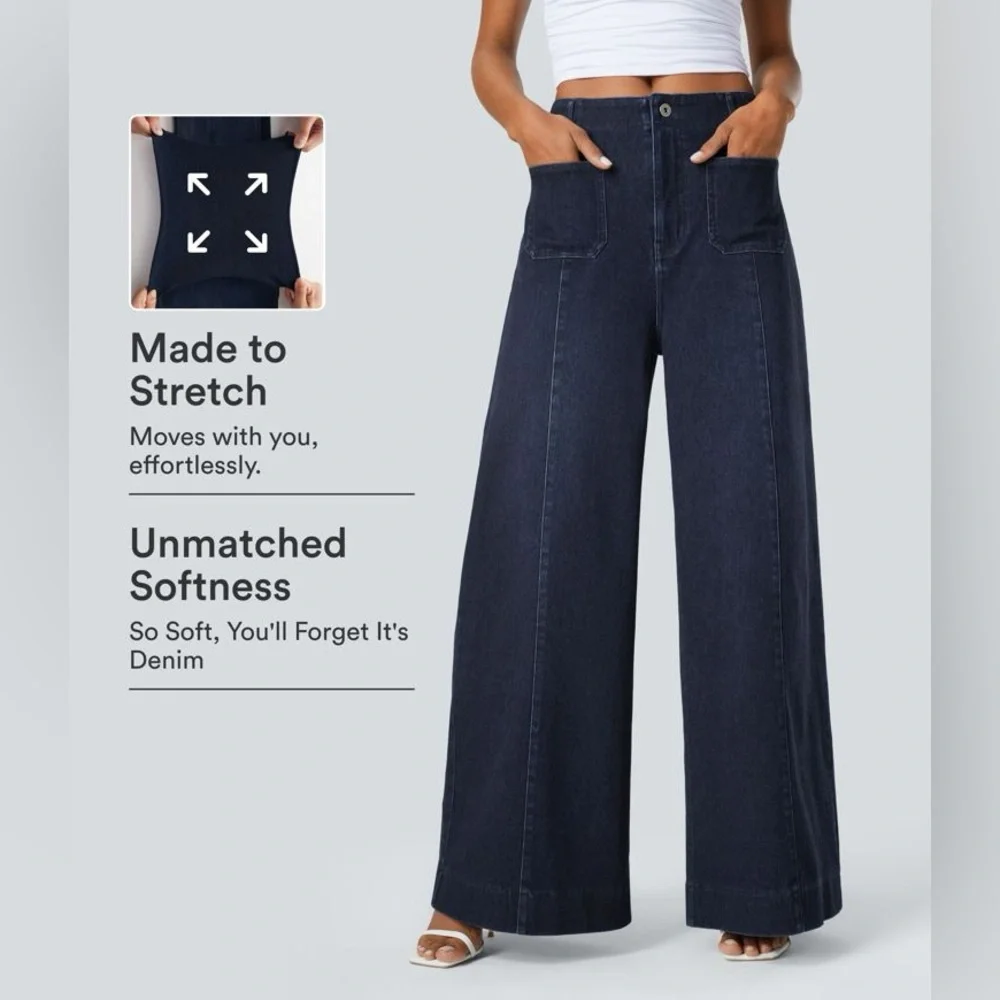 Halara Flex High Waisted Pockets Washed Casual Wide Leg Jeans - Picture 7 of 11